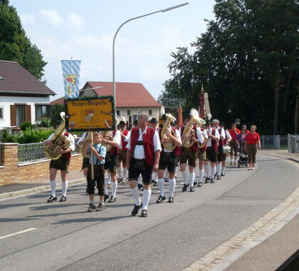 Die Musiker der Bayernkapelle bei einem Festumzug auf einer Straße